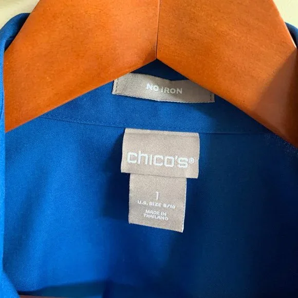 Chico's No Iron 3/4 Sleeve Blouse Button Down Shirt Royal Blue Size 1 or M - Picture 2 of 3